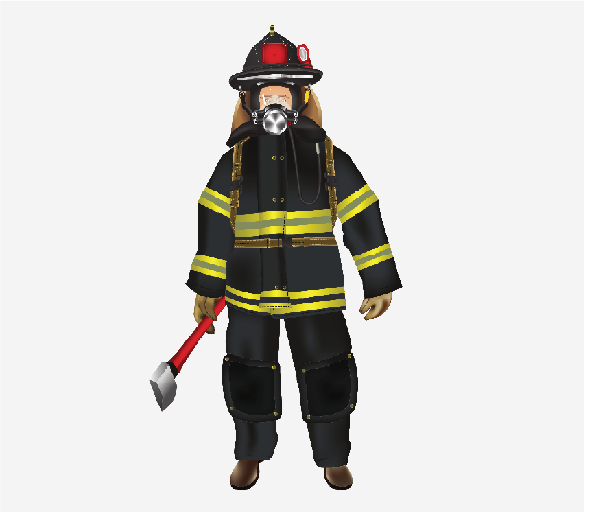 A fireman in full gear carrying an axe.