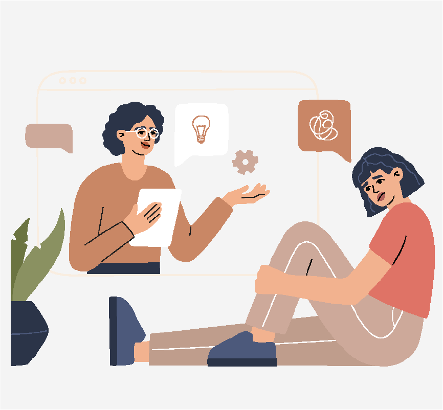 A sad woman talking to another woman holding a piece of paper with a lightbulb above her.