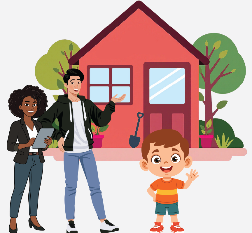 Image of a man and a woman greeting a young boy outside of his foster home.