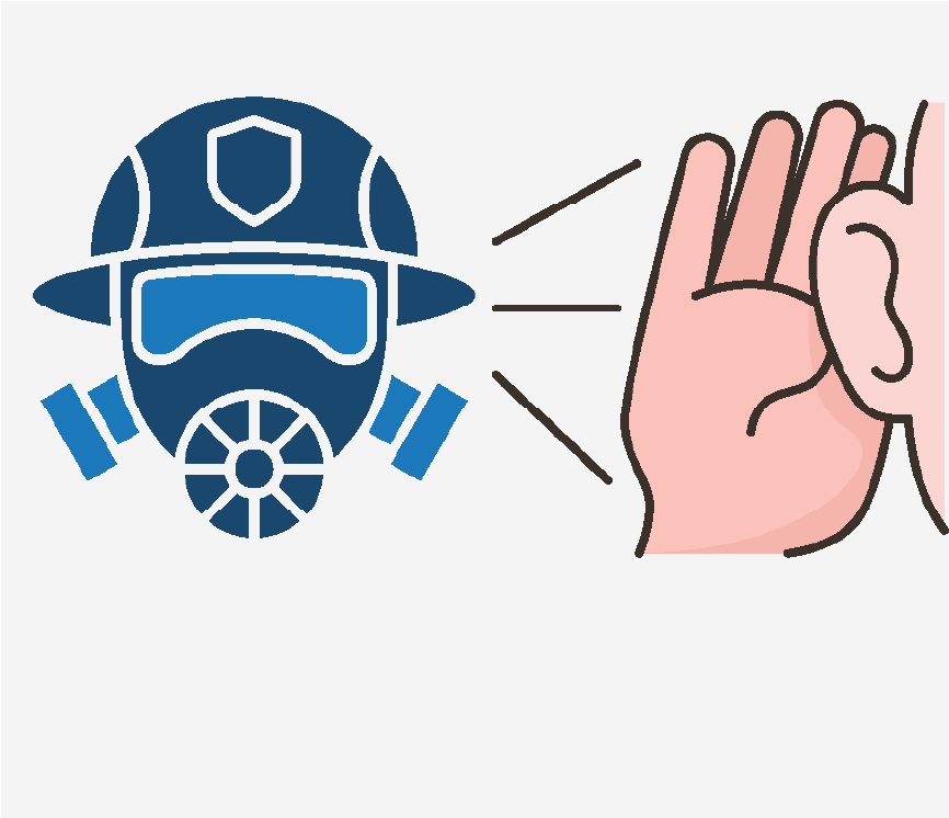 A fireman's mask next to a hand held up behind an ear to show it's listening.