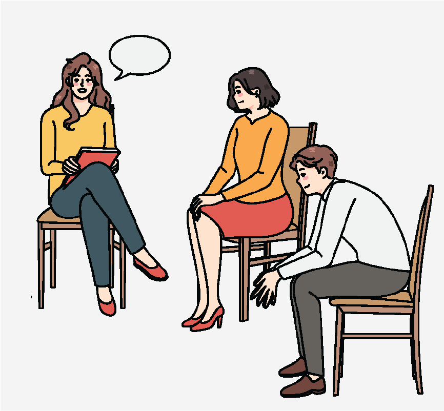 A group therapy session with three people sitting in chairs.