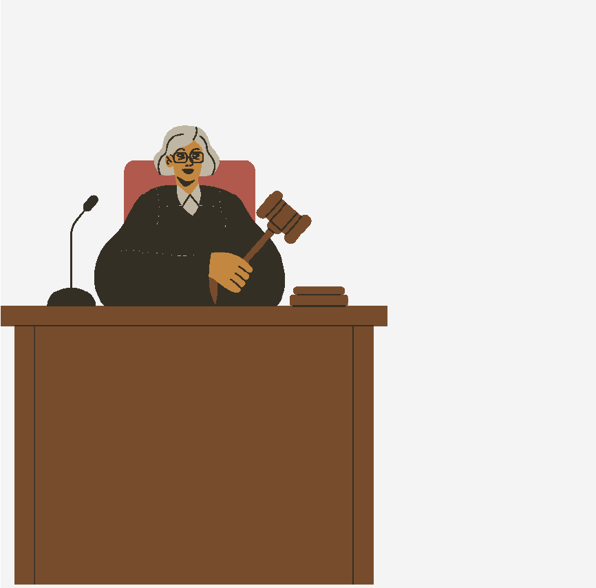 A judge sitting at the judge's bench and holding a gavel.