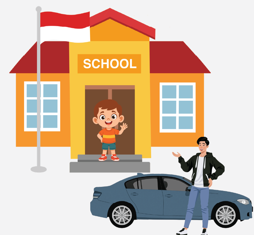 A man with a blue car is picking up a young boy at school.