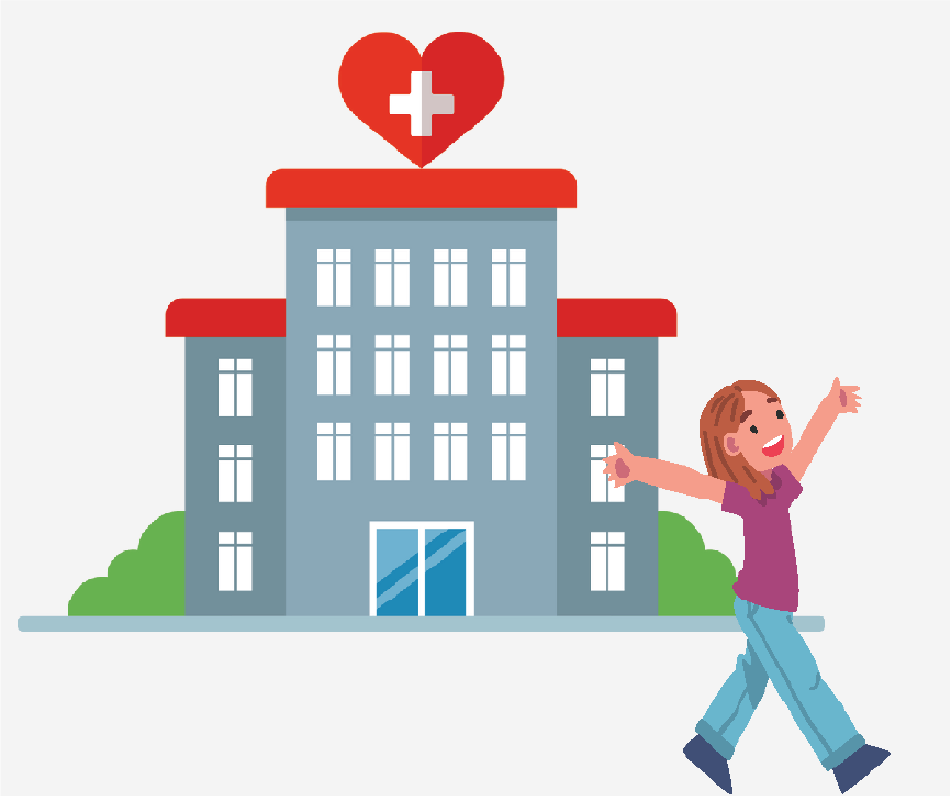 A girl walking out of a medical building.