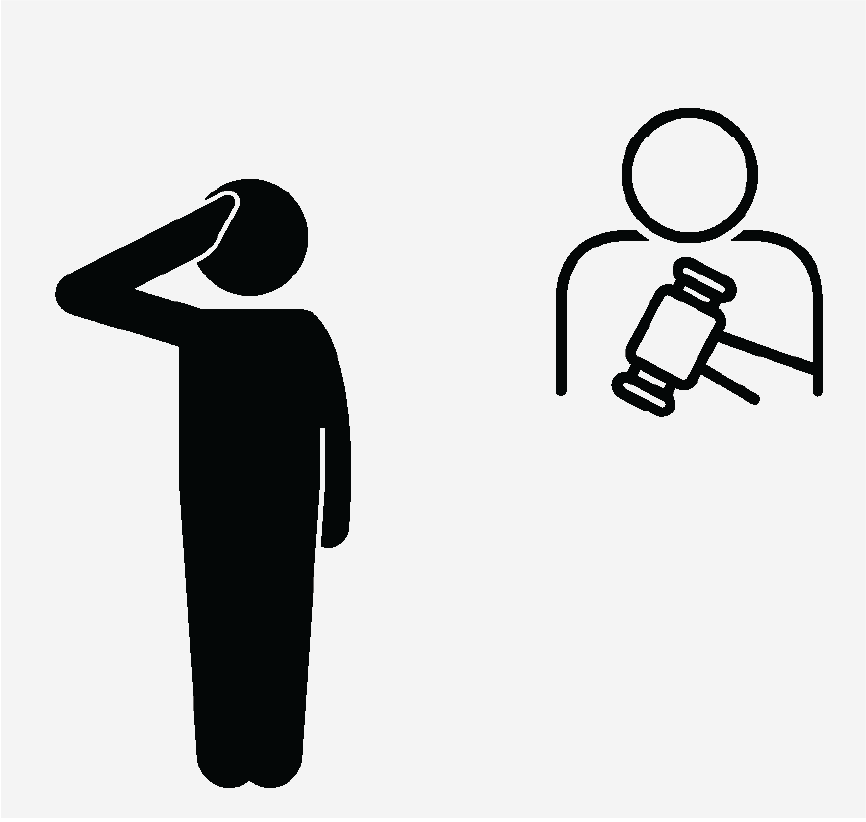 A figure saluting and another figure holding a gavel.