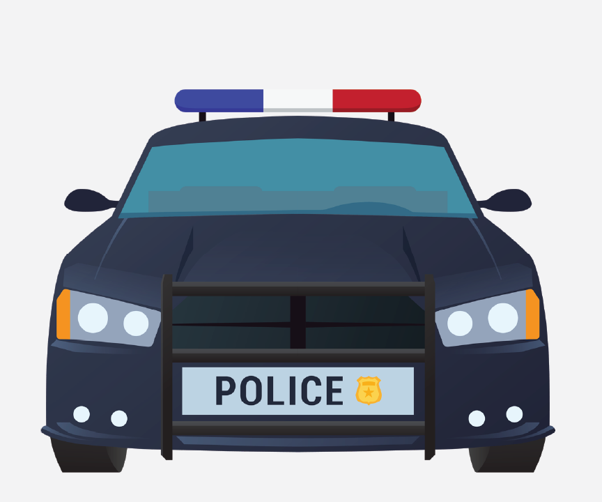 The front end of a police car