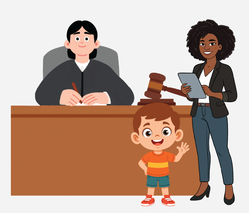 A young boy standing in front of the judge with a woman standing nearby.