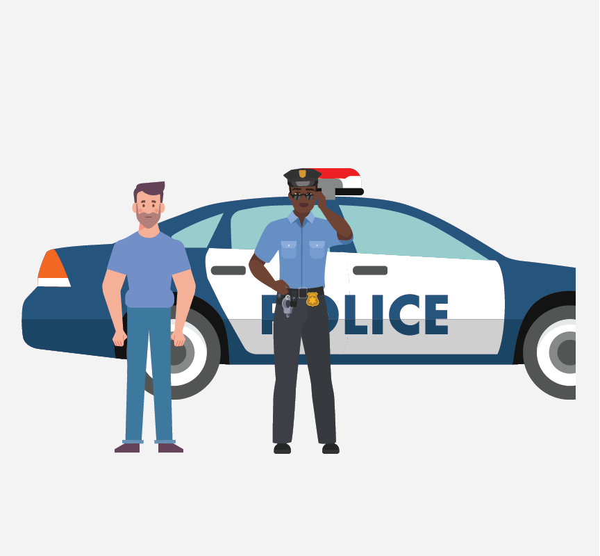A man and a police officer standing outside of a police car