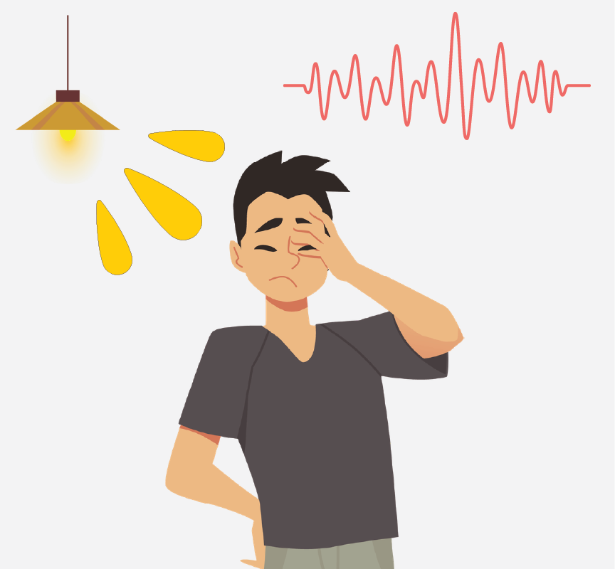 A boy stands under a bright light with sound waves above his head.
