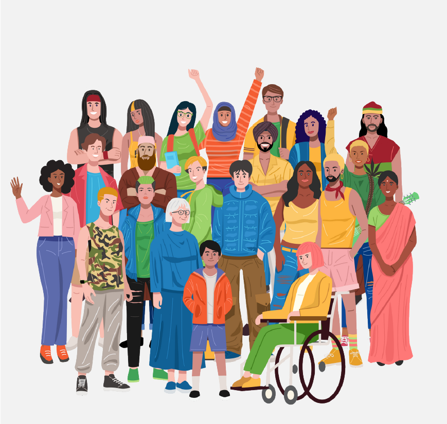 A large, colorful, and diverse group of people.