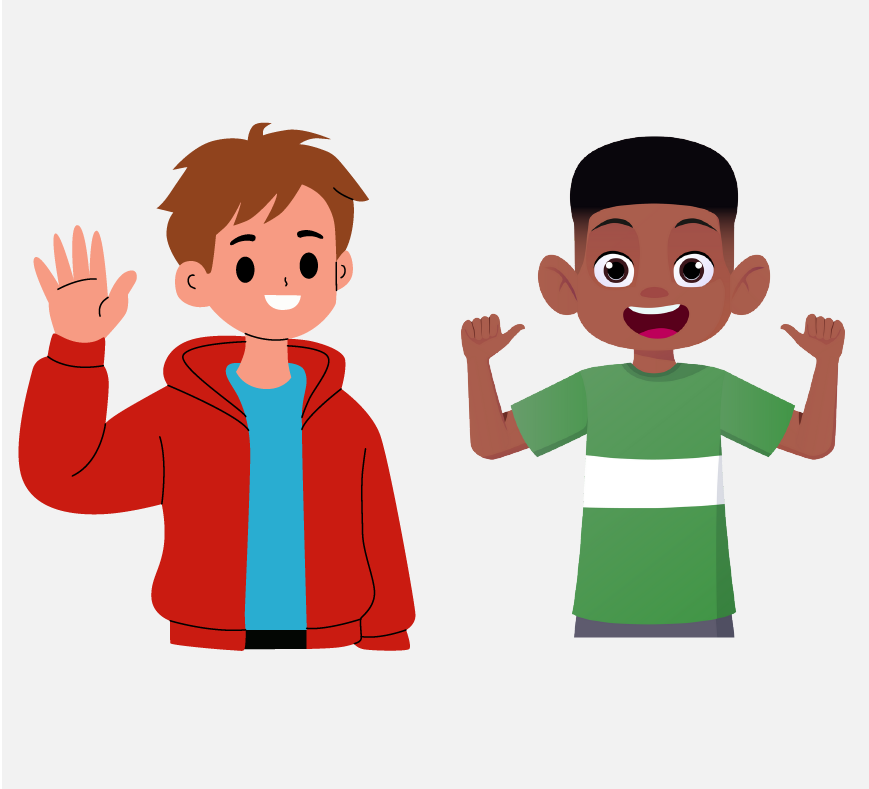 Two young boys. One is waving; the other is pointing at himself.