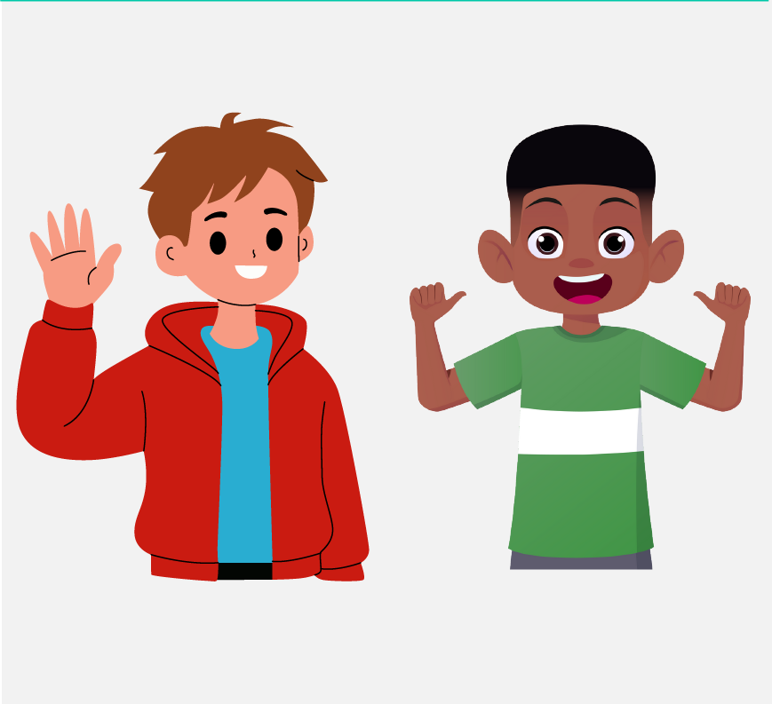 Two young boys. One is waving; the other is pointing at himself.