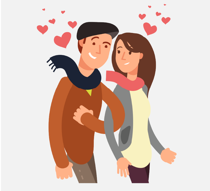A man and woman with their arms linked and red hearts around them.