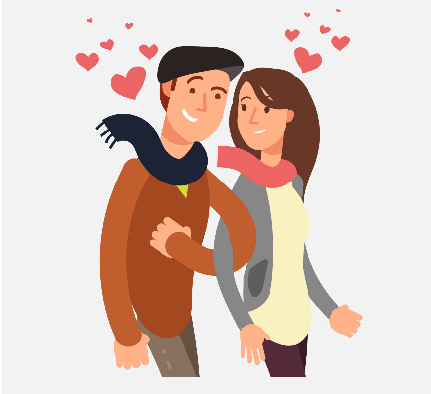 A man and woman with their arms linked and red hearts around them.