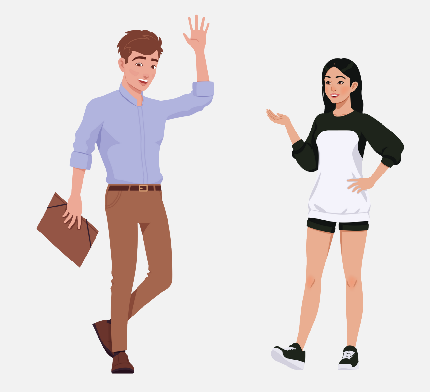 Two people facing each other, one of them is waving.