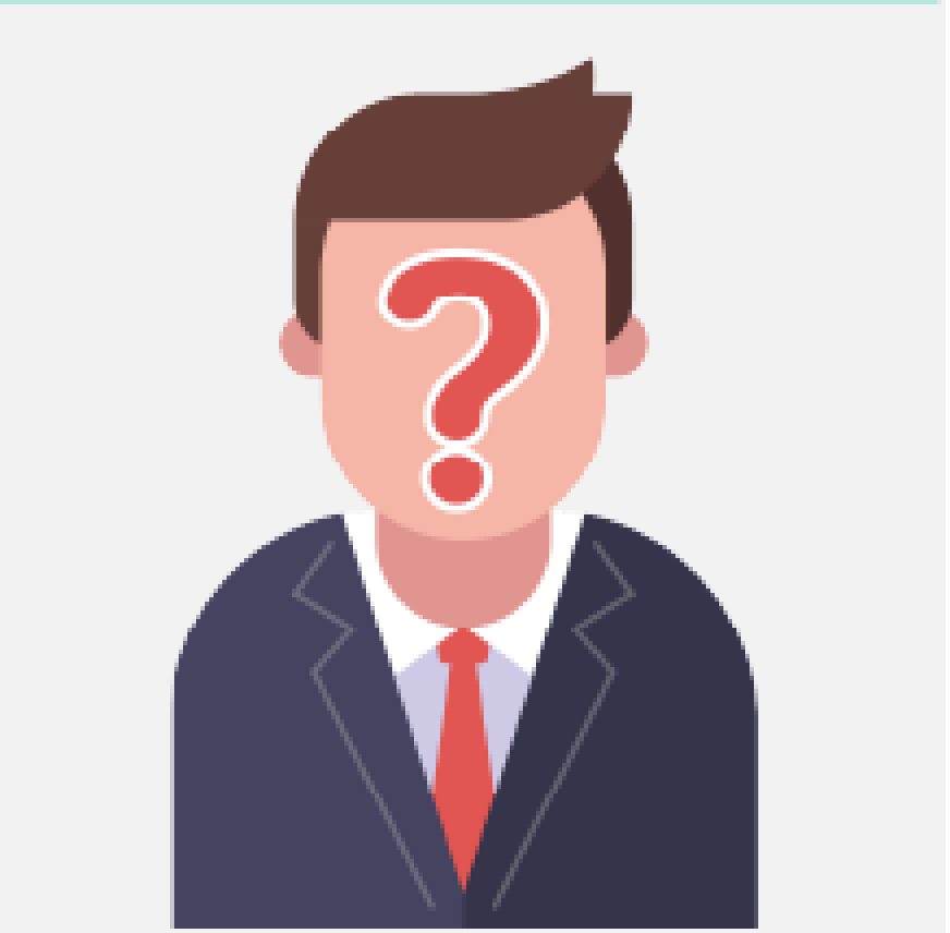 The top half of a man in a suit. His face is blank but has a red question mark over it.