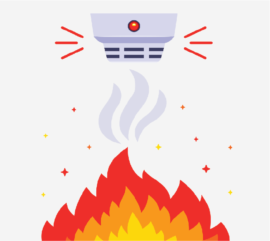 Fire and smoke rising to a smoke detector. There are red lines around the detector to show that it's making noise.