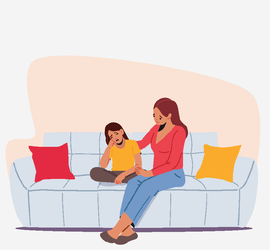 A woman comforting a sad, young girl on a couch.