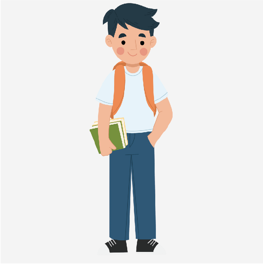 A boy wearing a backpack and holding a book in one hand.