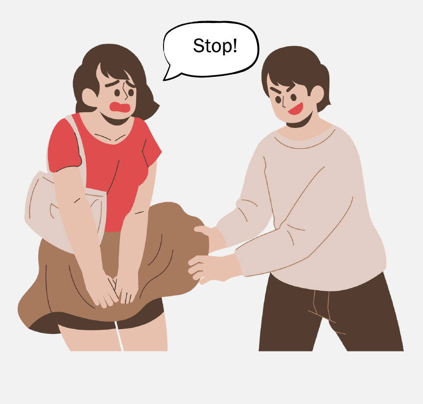 A man trying to lift up a woman's skirt. The woman is yelling, 