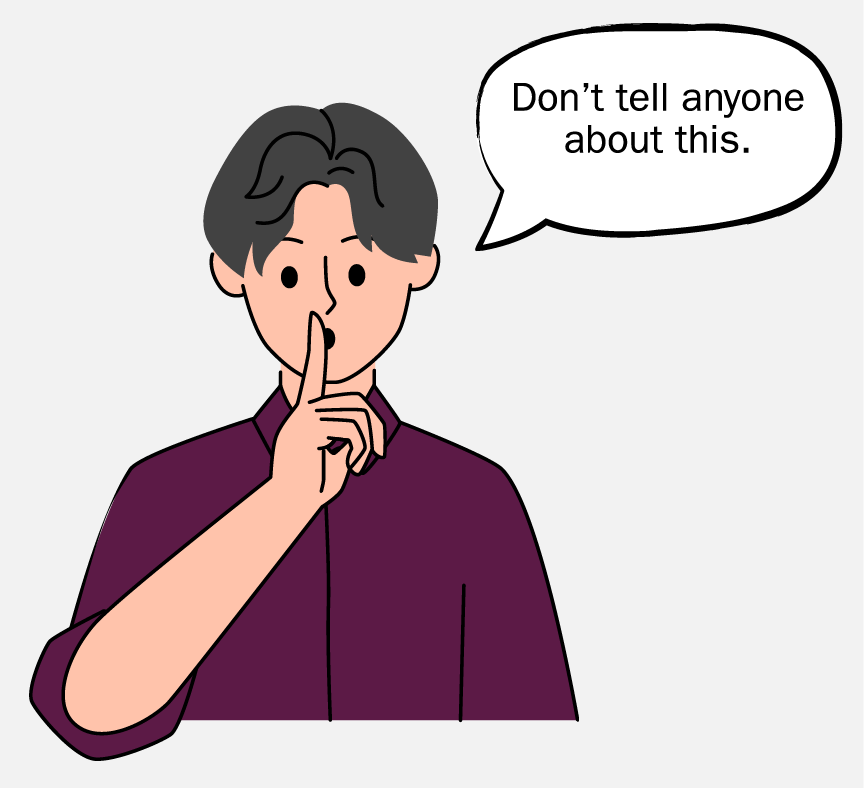 A person with their finger over their mouth to represent shushing someone. They are saying, 