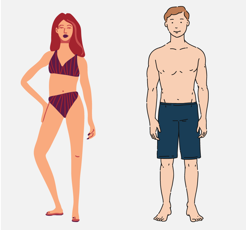 A man and woman standing together in their bathing suits.