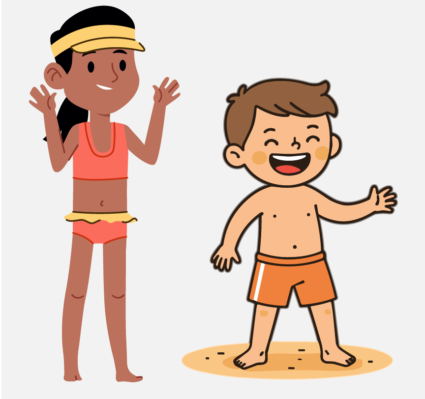 A boy and a girl standing in their swimsuits.
