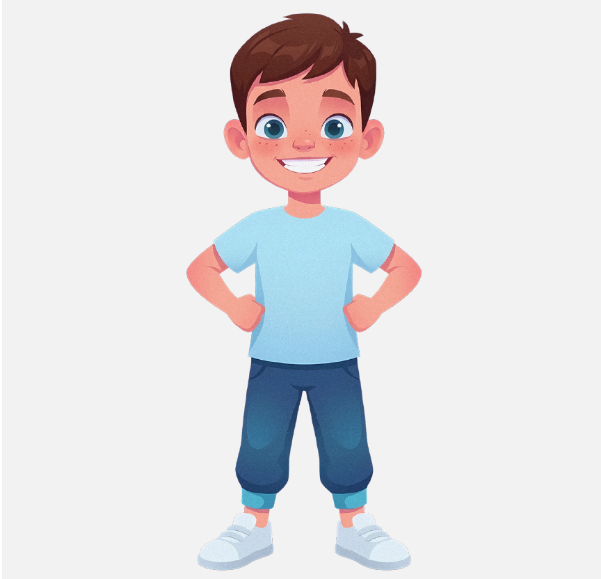 A boy smiling with his hands on his hips.