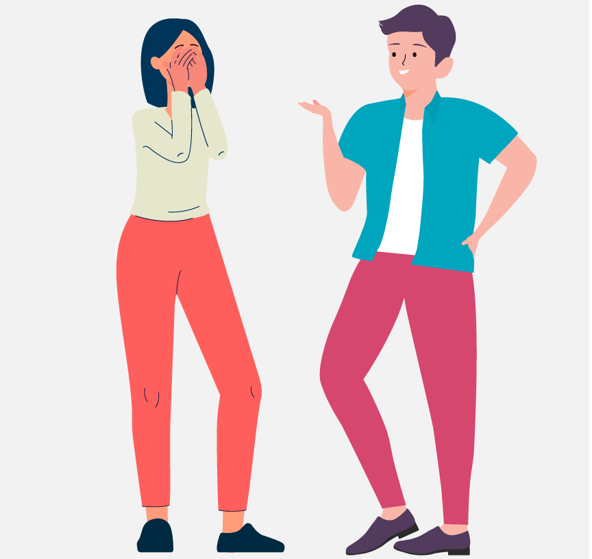 Two people standing across from each other. The woman on the left is covering her face with her hands.