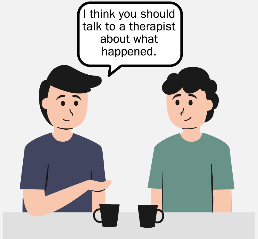 Two men having coffee together. The one on the left is saying, 