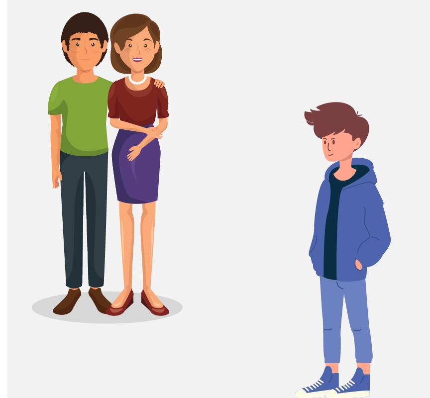 A man and a woman are standing together to the left. A boy is standing to the right.