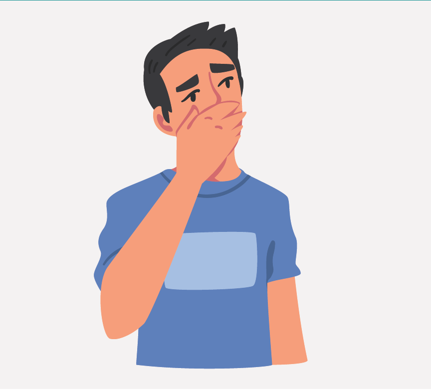A worried-looking boy with his hand over his mouth.
