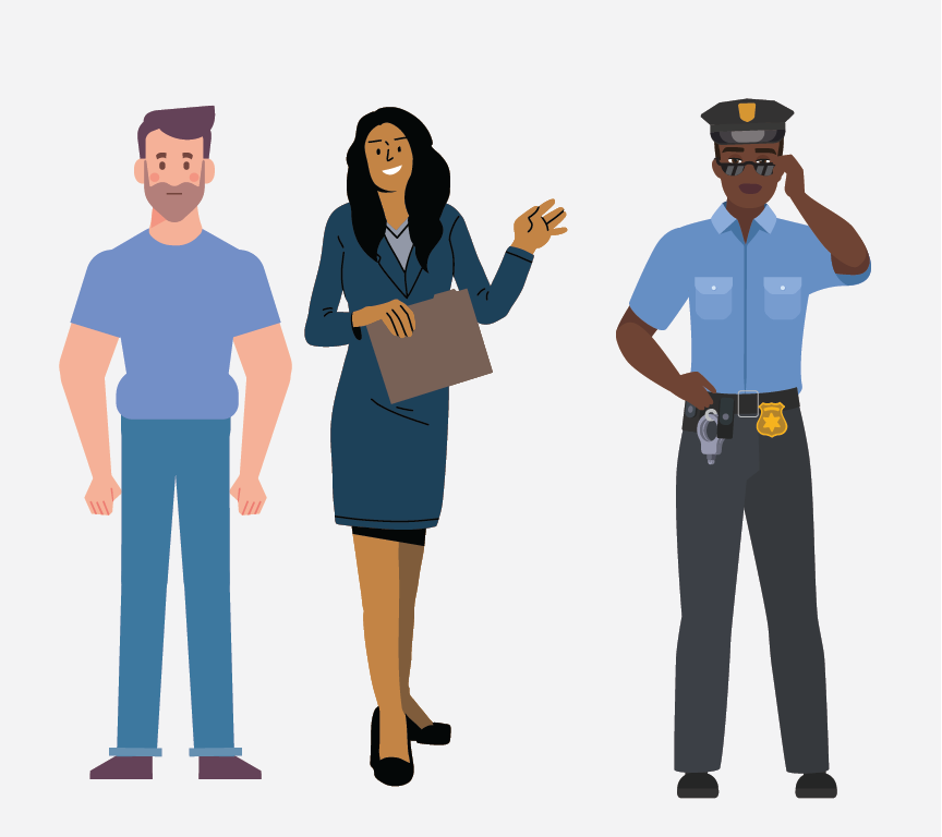 A man standing beside his female attorney who is talking to a police officer.