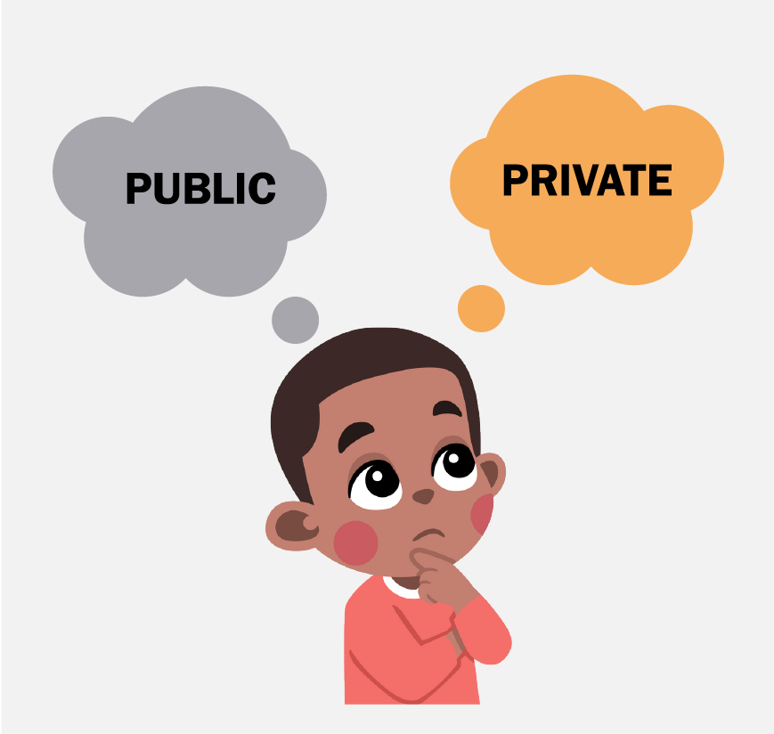 A young boy thinking, “public” and “private.”