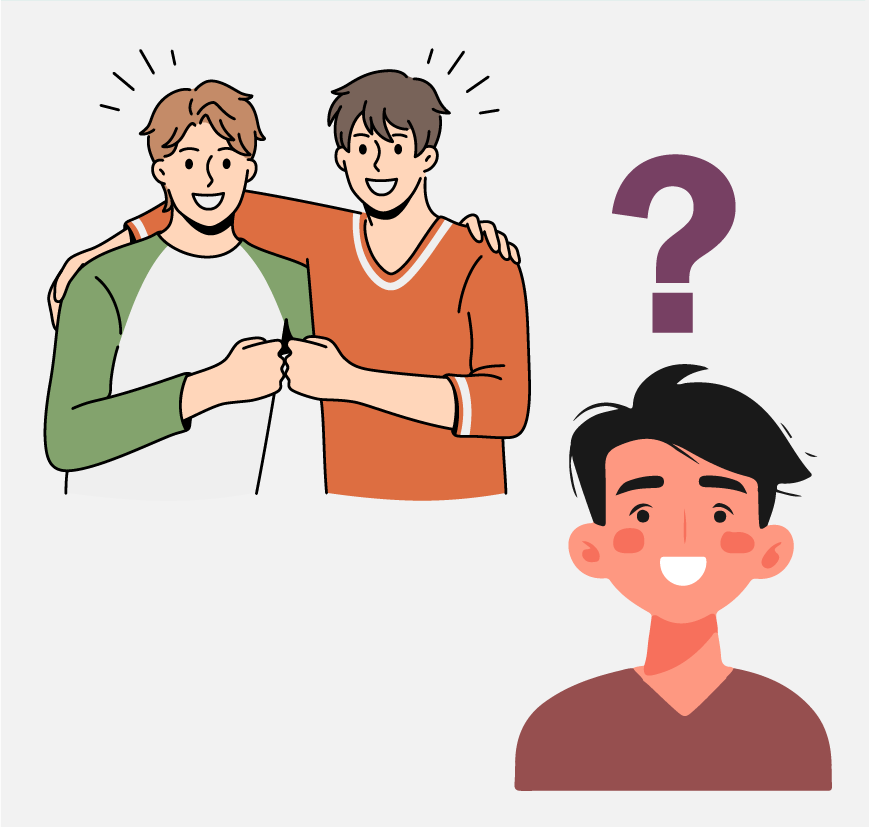 Two men fist bumping. A man with a question mark over his head.