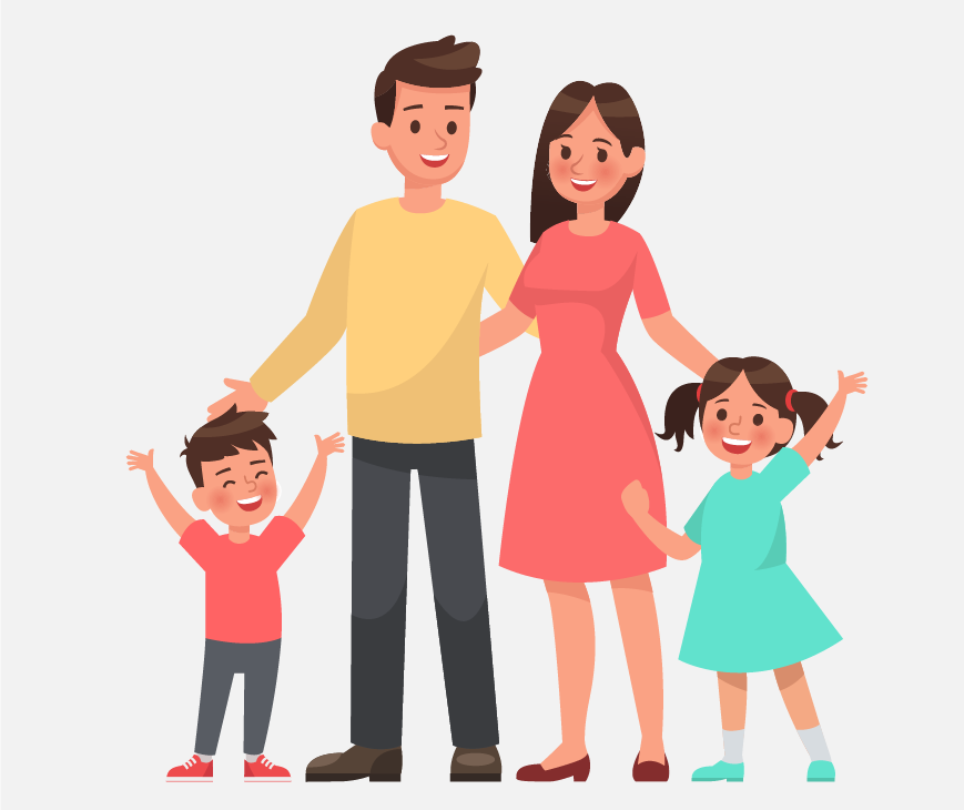 A mom, dad, and their two children. The kids are smiling with their hands in the air.