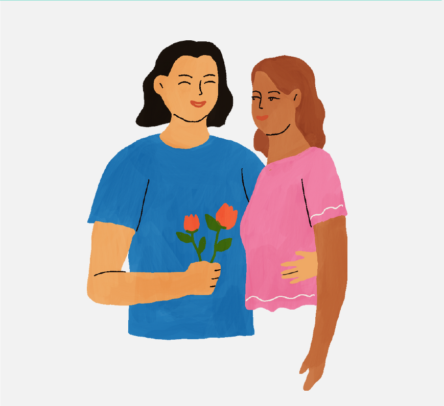 A woman holding flowers with her arm around another woman.