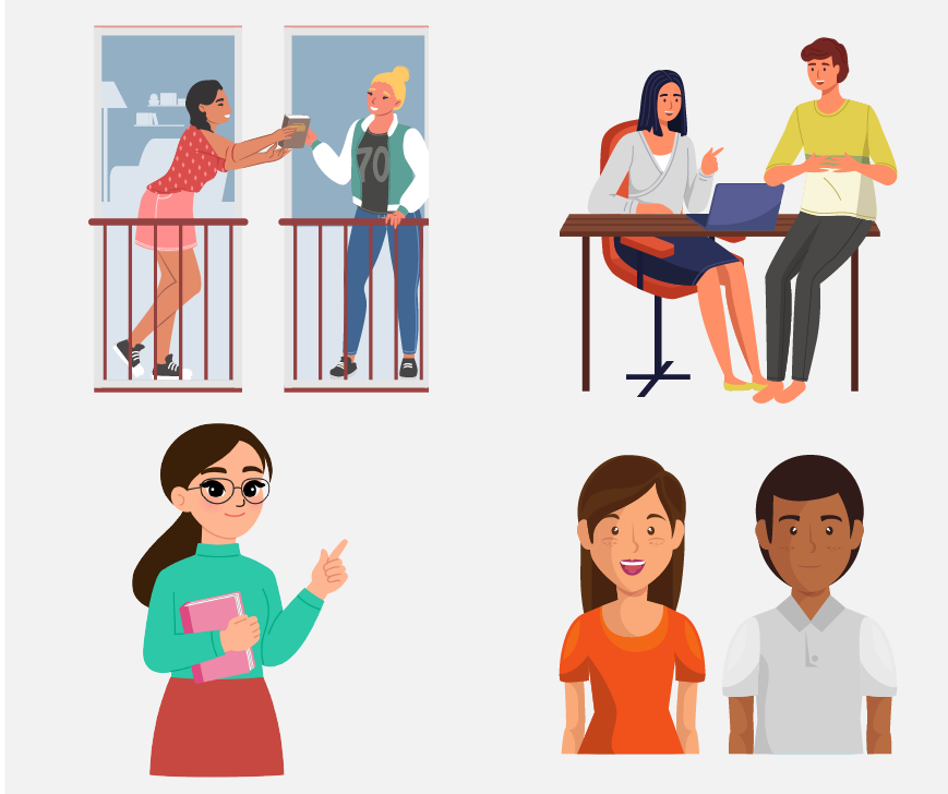 Four different groups of people: a pair of two friends, a pair of coworkers, a teacher, and two parents.