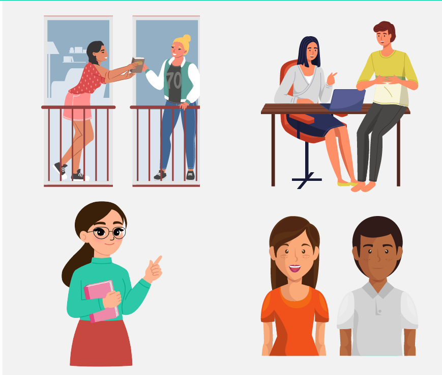 Four different groups of people: a pair of two friends, a pair of coworkers, a teacher, and two parents.