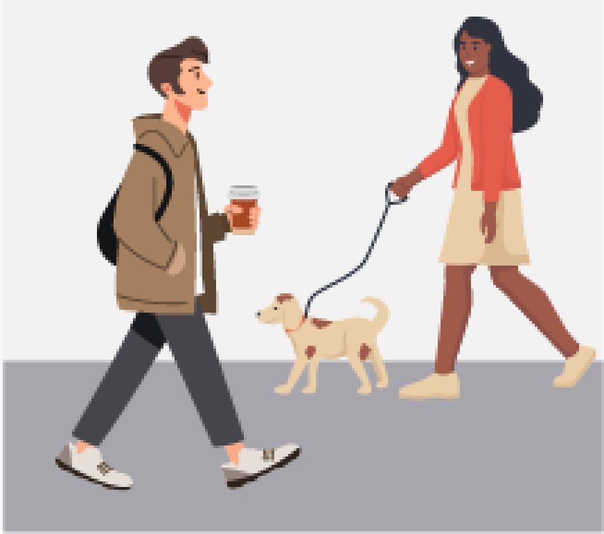 Two people walking. One man is carrying coffee, the other woman is walking a dog on a leash.