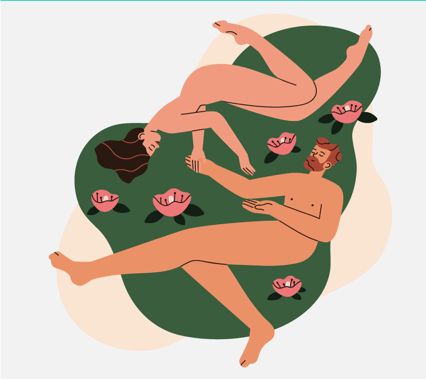 Graphic of a man and a woman who are naked laying on the ground, they are holding hands and look happy.