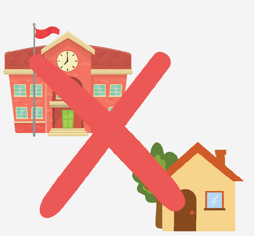 A house and a school building with a big, red X over them.