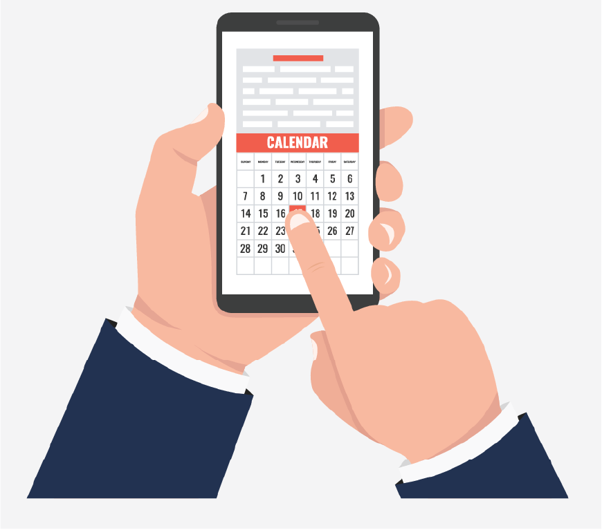 A pair of hands holding a phone with a calendar on the screen.