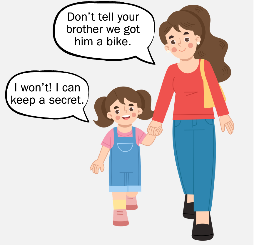 A mom and daughter holding hands. The mom is saying, 