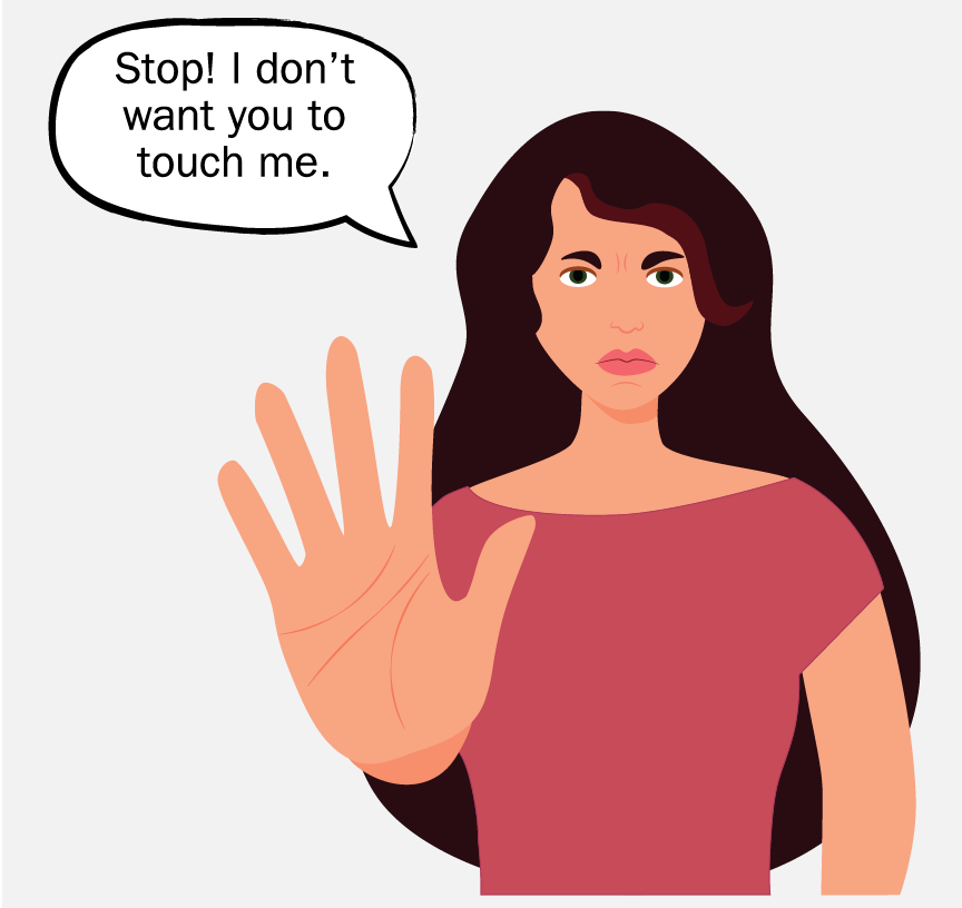 A woman with her hand out in front of her saying, 