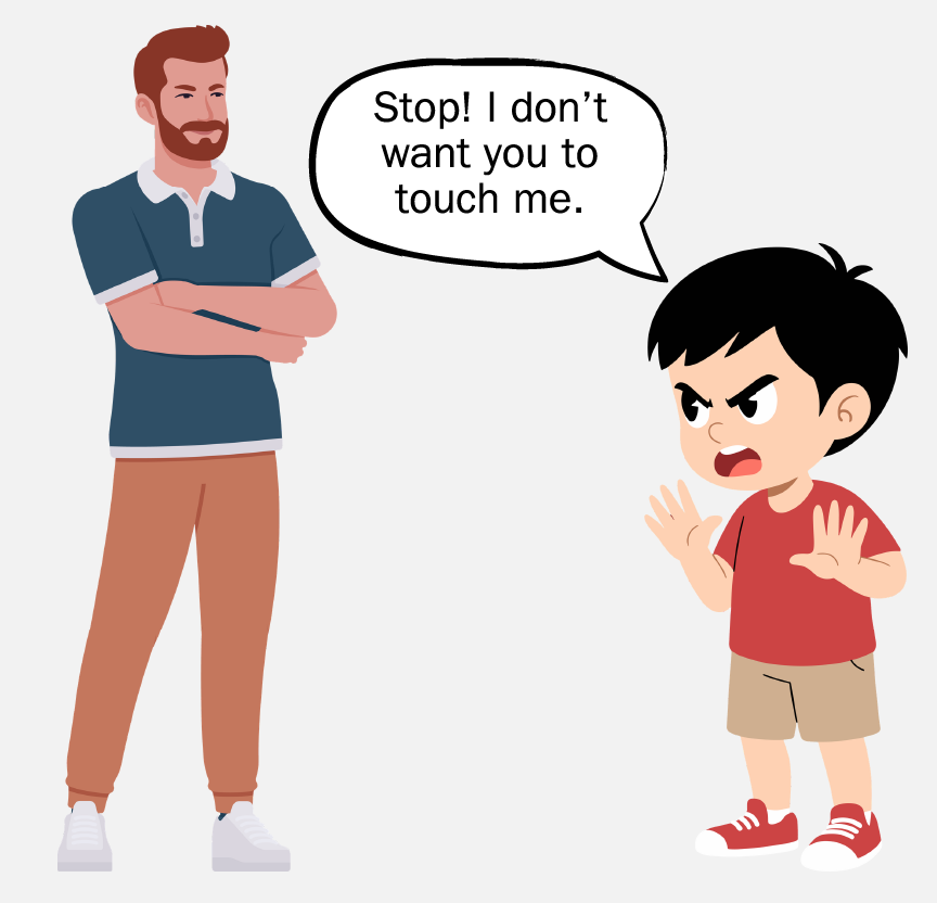 A boy holding his hands up saying, 