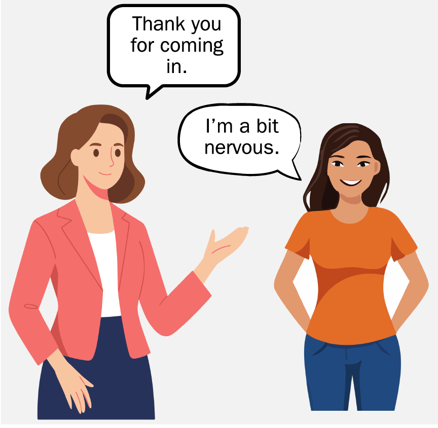 A woman saying thank you for coming in to another woman. The other woman responds with, 