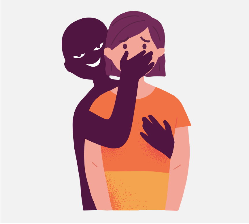A dark figure grabbing a woman from behind with its hands over her mouth and breast.