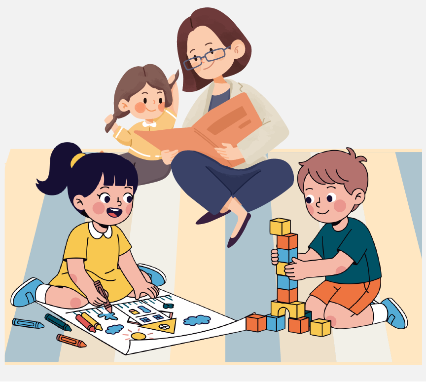 A librarian reading a book to three children as they play with toys.