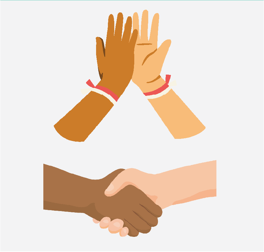 Two hands high-fiving. Two hands shaking.